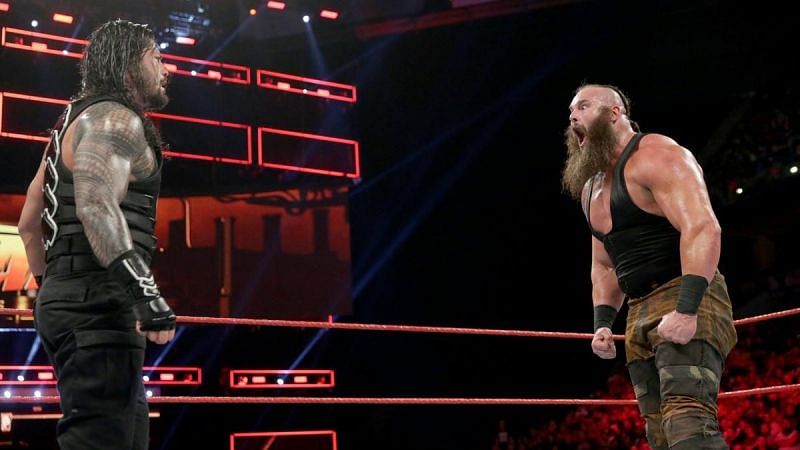 Strowman remains unfazed by Reigns' attacks.